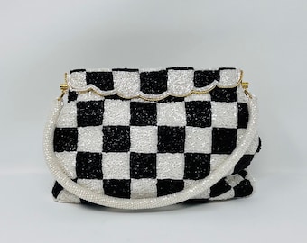 60s Retro Glam Beaded Purse // MOD Black and White Checkered Beaded Handbag Clutch