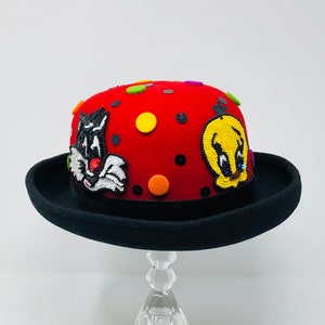 90s Cartoon Hat / RARE Retro Sequined Beaded Hat / 1990&#39;s Vintage Sequin Embellished Wool Top Hat Made in the USA by Whittall & Shon