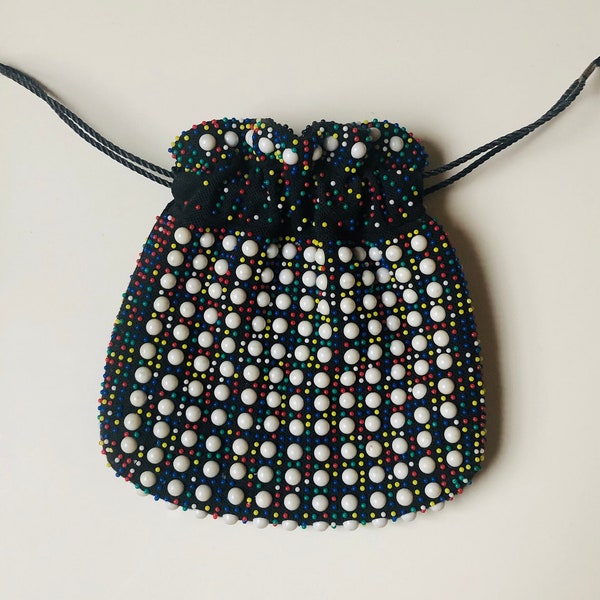 Retro Bubble Beaded Bag // Colorful Plastic Beaded Mod Drawstring Pouch // Black and White Polka Dot