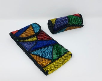 Rainbow Beaded Color Block Pouch and Lipstick Case w/ Mirror // Retro Colorblock Vintage Neiman Marcus Gift Set Ensemble