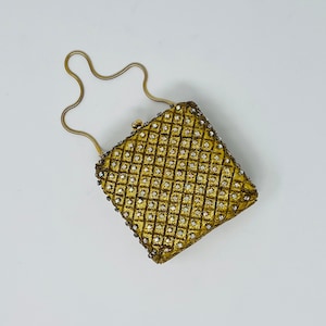 40s Iridescent Crystal Encrusted Small Box Clutch Bag // Rhinestone Embellished Gold Beaded Square Hardshell Handbag Purse