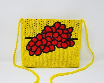 Boho Bright Beaded Purse // Pop Art Deco Fully Beaded Bag // Red and Yellow Abstract Floral Beaded Clutch