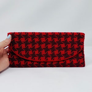 60年代レトロマイクロビーズクラッチ // 1960年代の鮮やかな赤の千鳥格子ビーズレディースウォレットハンドバッグ