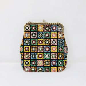60s Patchwork Crystal Beaded Purse / 1960’s Vintage Seed Bead Handbag / Rainbow Granny Square Embroidered Colorful Tapestry Rhinestone Bag