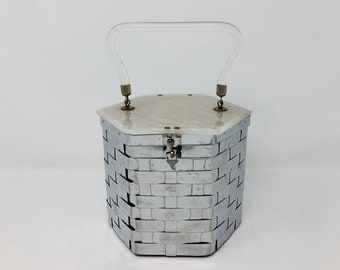 50s Vintage Metal Purse / 1950s White Marble Top Box Bag w/ Clear Lucite Handle / Mid-Century Basket Weave Purse by Dorset Rex Fifth Avenue