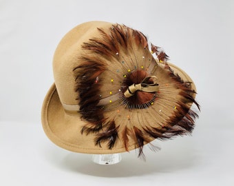 Vintage Feathered Fedora Hat / 60s Feather Burst Deco Wool Hat by Lancaster