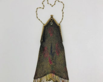Whiting & Davis Art Deco Mesh Metal Bag / Early 1900s Art Nouveau Small Flapper Purse / Antique Metal Fringe Rose Painted Gold Evening Bag