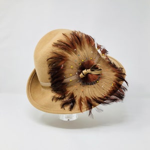 Vintage Feathered Fedora Hat / 60s Feather Burst Deco Wool Hat by Lancaster
