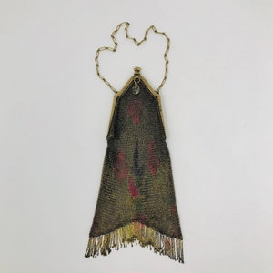 Whiting & Davis Art Deco Mesh Metal Bag // 1910s Art Nouveau Small Flapper Purse // Antique Metal Fringe Rose Painted Gold Evening Bag