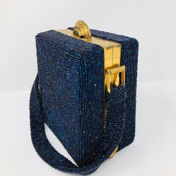 1930s Micro Glass Bead Embellished Hard Shell Box Purse // Art Deco Box Bag // Iridescent Navy Blue Beaded Mod Purse w/ Gold Hardware
