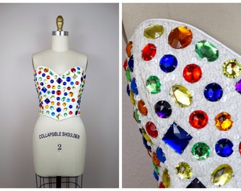 RARE Rainbow Jewel Encrusted Bustier / 1990’s Vintage Couture Bejeweled Top / White Sequin Embellished Crystal Jeweled Corset by Jeanette