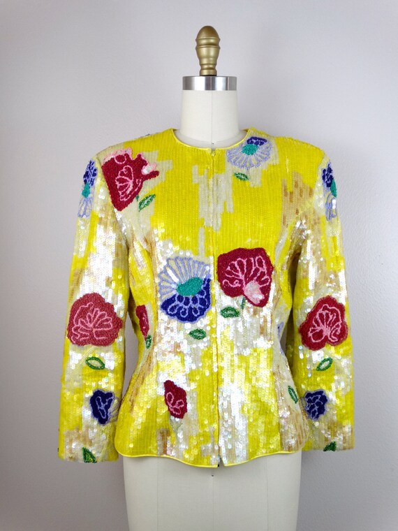 M/L Embroidered Floral Jacket / Bright Yellow Seq… - image 3