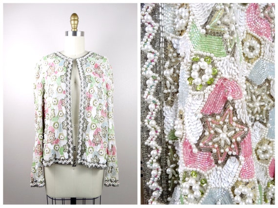 HEAVY Pearl Beaded Jacket / Ornate White and Paste