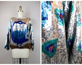 RARE Peacock Sequined Blouse // Flashy Disco Reflective Mirror Sequin Embellished Beaded Oversized Dolman Sleeve Top // Sequin Novelty Top