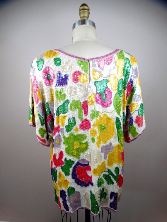 L/XL Bright Sequin Top // Abstract Floral Embelli… - image 4