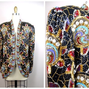 L/XL Gemstone Embellished Gold Beaded Blazer / GLAM Sequined Beaded Jeweled Jacket Large XL