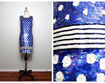 Vintage Sequin Dress, Retro Navy Blue Polka Dot & Stripes, Size Small