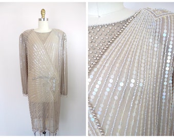 L/XL Sheer Rhinestone Beaded Dress // Iridescent Clear Sequin Embellished Taupe Silk Dress // See Through Sequined Dress