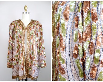 Fancy Gold Beaded Sequin Jacket // Vintage Blush Pink Evening Jacket // Silk Embellished Beaded Sequined Blazer