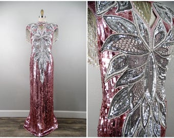 RARE Blush Pink Sequin Gown / Art Deco Dusty Rose Pearl Fringe Beaded Dress
