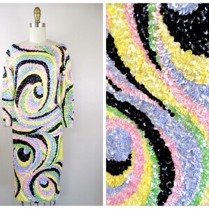 60s Mod Sequin Wool Dress // 1960s Psychedelic Swirly Sequined Embellished Dress