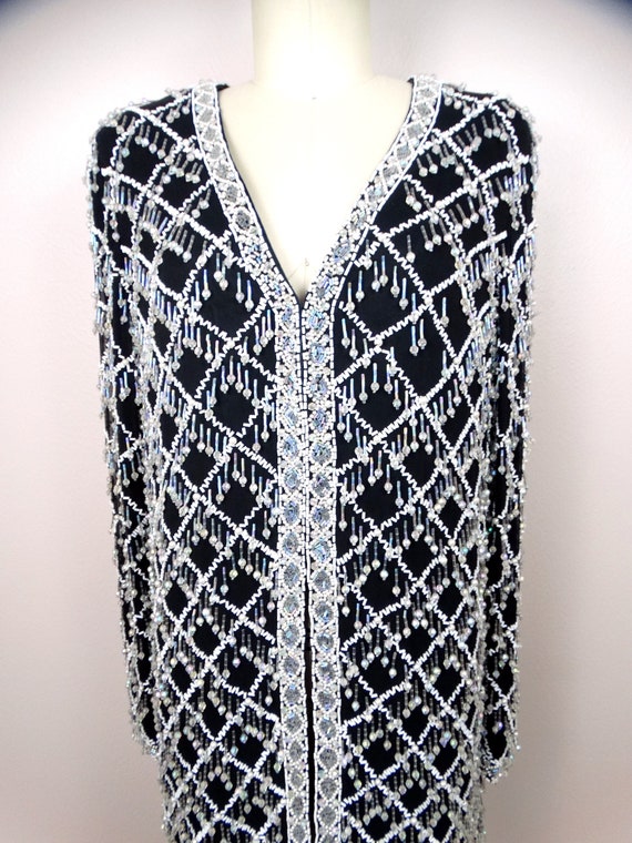 HEAVY Teardrop Fringe Beaded Jacket / Clear Bead Embe… Gem