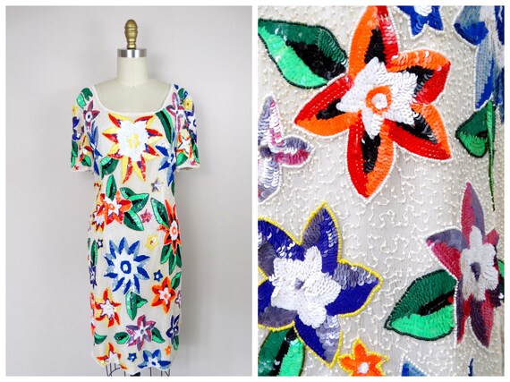 90s Neon Sequin Floral Dress // Bright Vintage Be… - image 4