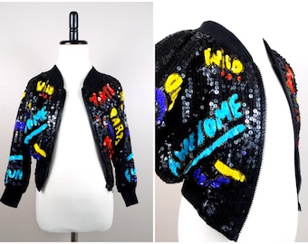 RARE Baby's Sequin Bomber Jacket / Funky Sequined Words Vintage Jacket Toddlers Zip Up Coat / Wild Awesome Vintage Cool Party Hot