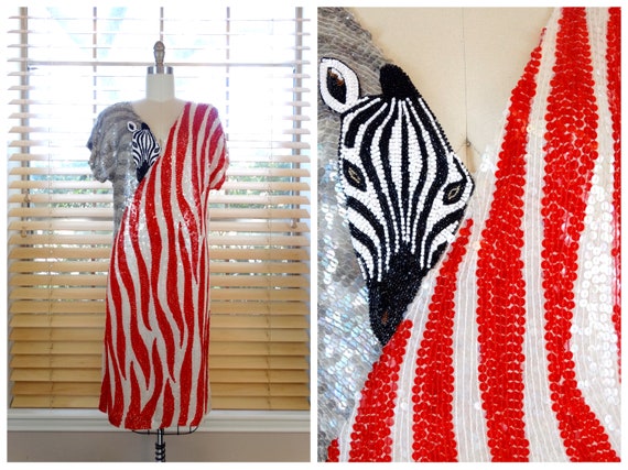 WILD Abstract Art Sequin Dress / RARE Novelty Zeb… - image 1