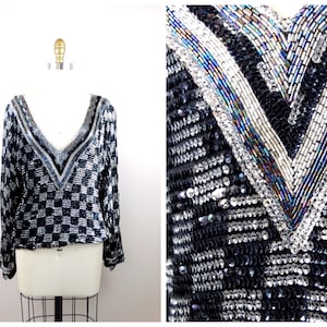 S/M Retro Fully Sequined Top // Black & Silver Sequin Blouse // Checkered Sequin Embellished Top