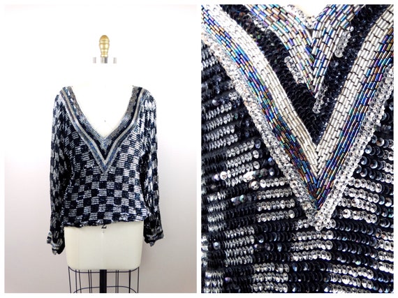 S/M Retro Fully Sequined Top // Black & Silver Se… - image 1