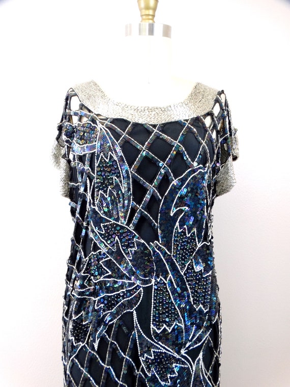 70s Lattice Cutouts Sequin Gown // Sheer Silk Gla… - image 2