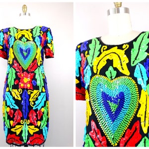 Artsy Heart Sequined Dress // Funky Neon Sequin Dress // Bright Hearts Party Dress // Retro Embellished Dress