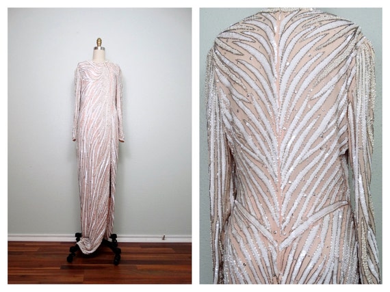 RARE Pearl Beaded Gown // Blush Pink Silk White S… - image 1