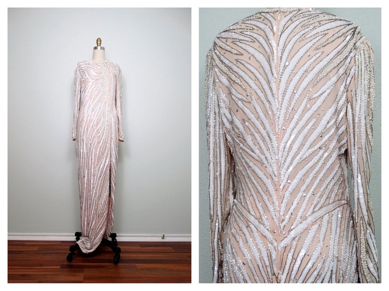 Vintage Pearl Beaded Couture Sequin Gown Blush Pink Silk Etsy