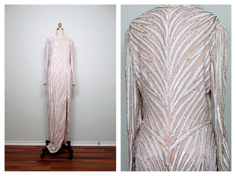 Vintage Pearl Beaded Sequin Gown // Blush Pink Silk White Sequined Art Deco Couture Wedding Dress // Heavily Embellished Pearl Wedding Gown 