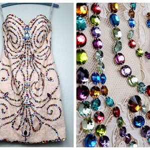 XS/S Jeweled Mini Dress // Bejeweled Crystal Beaded Mini Dress // Colorful Jewel Embellished Strapless Dress Extra Small