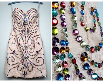 XS/S Jeweled Mini Dress // Bejeweled Crystal Beaded Mini Dress // Colorful Jewel Embellished Strapless Dress Extra Small