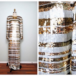 RARE Couture Sequin Jewel Beaded Wedding Dress / Designer Vintage White and Gold Bridal Sequined Gown