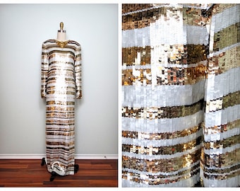 RARE Couture Sequin Wedding Dress / Designer Vintage White and Gold Jewel Beaded Bridal Gown