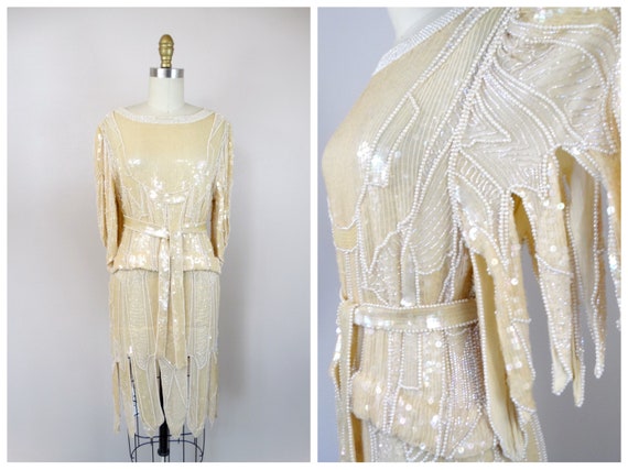 70s Hand Beaded Pearl Fringe Dress w/ Belt // Vin… - image 7