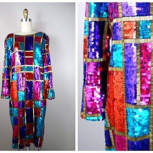 M/L Colorblock Pailletten Kleid / Vintage Partykleid / Rot Rosa Lila Blau Gold Perlen Trophy Kleid / Paillettenkleid