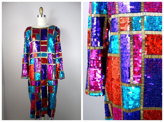 L/XL Colorblock Sequin Dress / Vintage Embellished