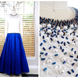 S/M 70s 80s Pearl Beaded Blue Ball Gown / White Beaded Evening Dress / Royal Blue Embellished Formal Ballgown