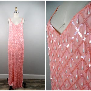 Vintage Pearl Beaded Fringe Gown / Silk Sequin Pastel Pink Wedding Dress / Heavily Embellished Couture Art Deco Wedding Gown