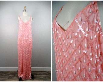 Vintage Pearl Beaded Fringe Gown / Silk Sequin Pastel Pink Wedding Dress / Heavily Embellished Couture Art Deco Wedding Gown
