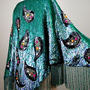 RARE Haute Couture Sequined Fringe Beaded Poncho / Jade Green Art Deco Jewel Encrusted Sequin Embellished Cape Top image 5