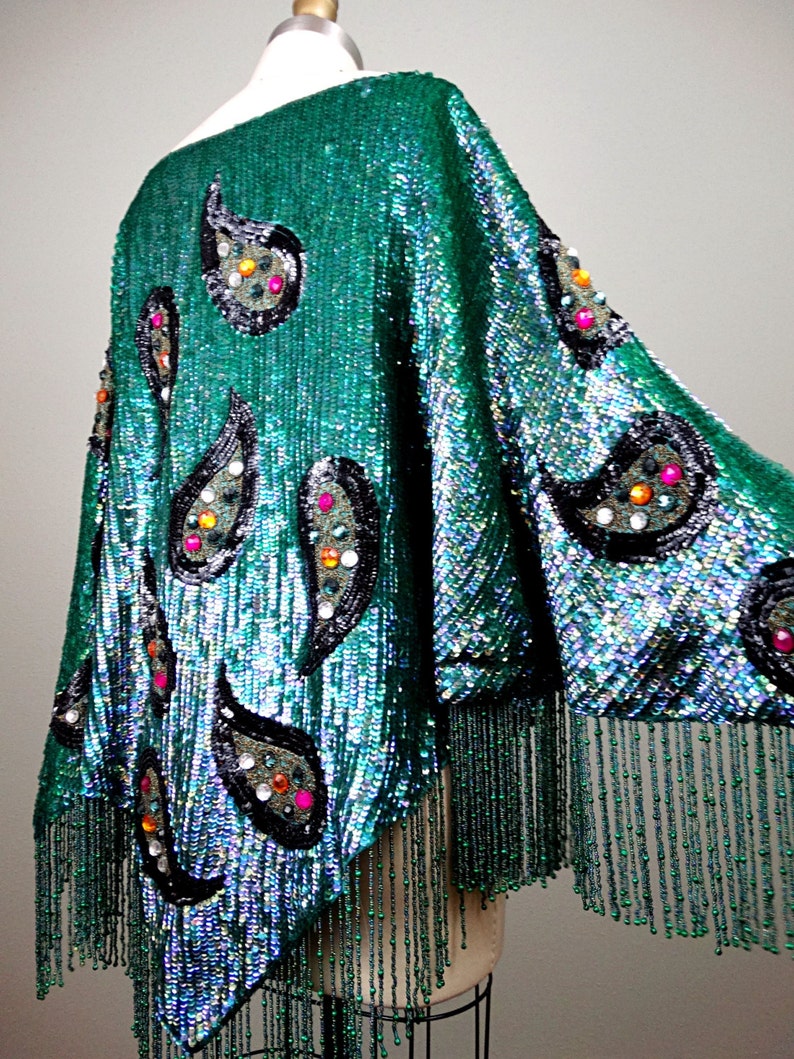 RARE Haute Couture Sequined Fringe Beaded Poncho / Jade Green Art Deco Jewel Encrusted Sequin Embellished Cape Top image 5