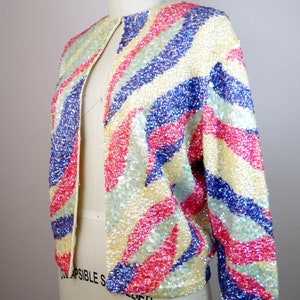 50s Sequin Embellished Cardigan / 1950s 1960s Iridescent Pink Purple and Yellow Pastel Sequined Vintage Sweater Jacket Shrug image 2