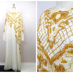 Plus Size Beaded Gown // Heavily Embellished Gold and White Beaded Wedding Dress // Women&#39;s Vintage Embellished Wedding Gown